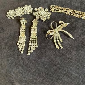 Rhinestone 5 piece “bundle.” 3 Pins, clip earrings and bracelet.